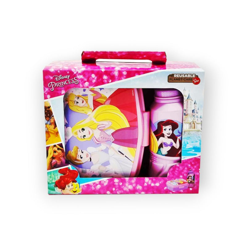 Fantastico kit merenda disney composto da 1 borraccia in plastica da 420ml ed 1 portamerenda. Tema Principesse