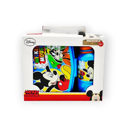 Fantastico kit merenda Disney composto da 1 borraccia in plastica da 420ml ed 1 portamerenda. Tema Topolino