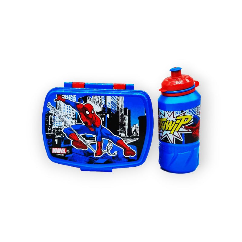 Fantastico kit merenda composto da 1 borraccia in plastica da 420ml ed 1 portamerenda. Tema Spiderman