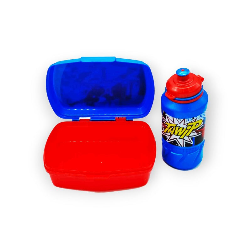 Fantastico kit merenda composto da 1 borraccia in plastica da 420ml ed 1 portamerenda. Tema Spiderman