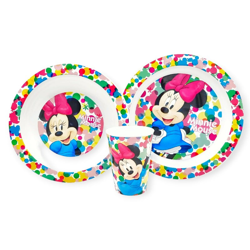 Fantastico kit pappa disney a tema minnie mouse. Kit composto da un piatto piano, un piatto fondo ed un bicchiere, tutto usabile in microonde. Multicolor