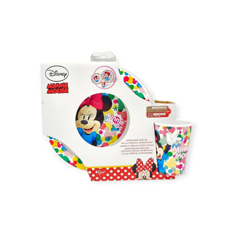 Fantastico kit pappa disney a tema minnie mouse. Kit composto da un piatto piano, un piatto fondo ed un bicchiere, tutto usabile in microonde. Multicolor fronte