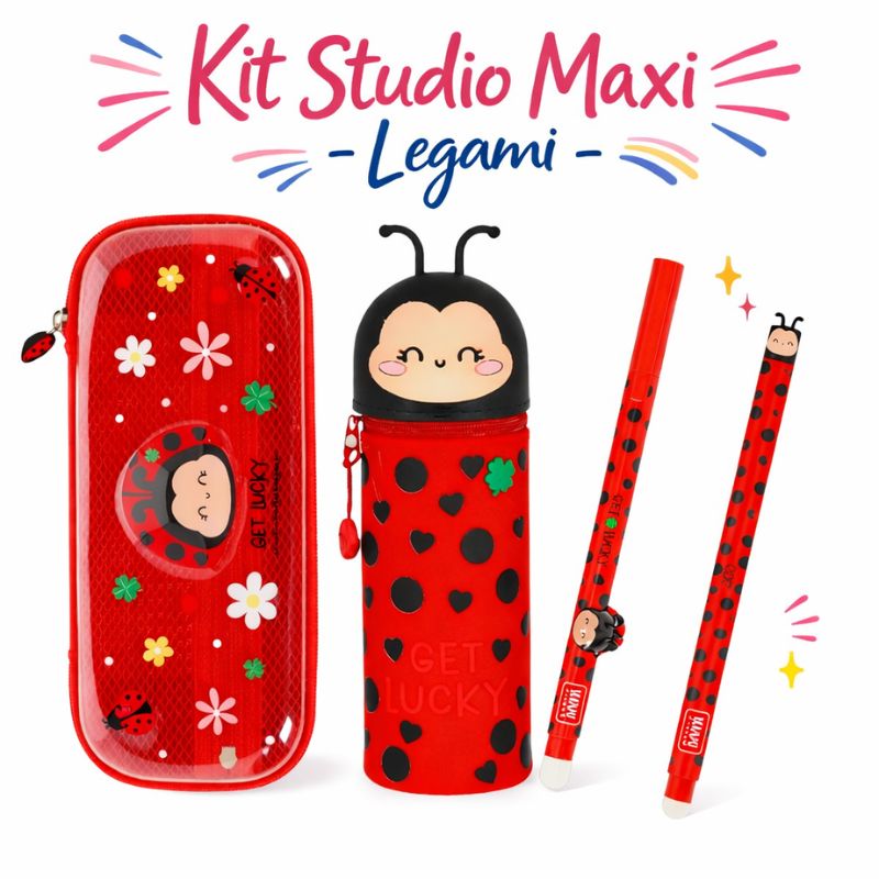 Kit studio Maxi Legami, un set completo composto da: astuccio kawaii, astuccio wonderwow, penna cancellabile e penna lovely friends