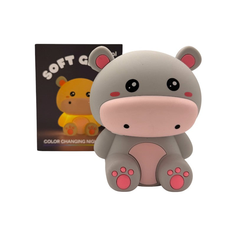 Lampada da comodino per bambini in silicone morbido con cambio colore LED a tema ippopotamo