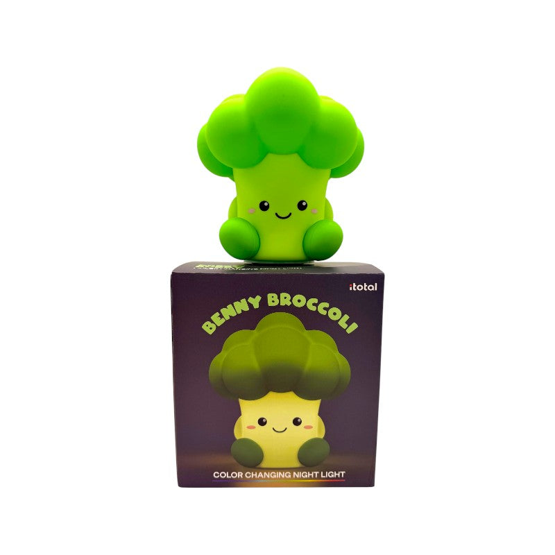 Lampada notturna broccolo I-Total Fresh Market — silicone soft-touch verde, LED multicolore, timer 30/60 min, USB-C. Regalo divertente per bambini