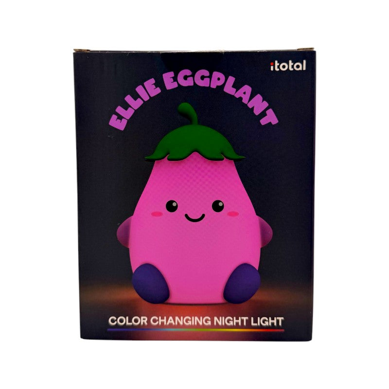 Lampada notturna melanzana I-Total Fresh Market — silicone soft-touch viola, LED multicolore, timer 30/60 min, USB-C. Regalo originale per bambini.