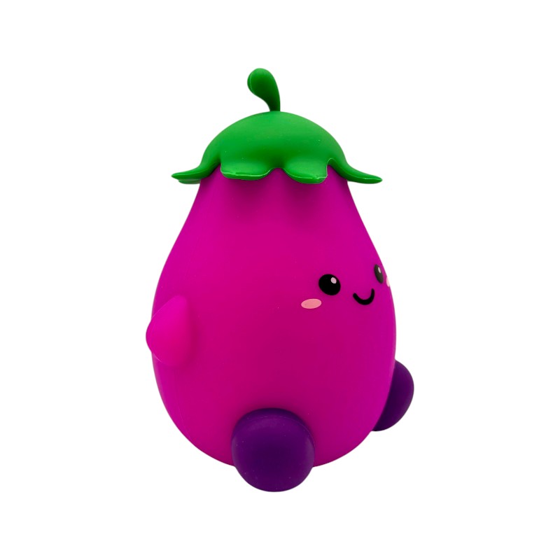 Lampada notturna melanzana I-Total Fresh Market — silicone soft-touch viola, LED multicolore, timer 30/60 min, USB-C. Regalo originale per bambini.