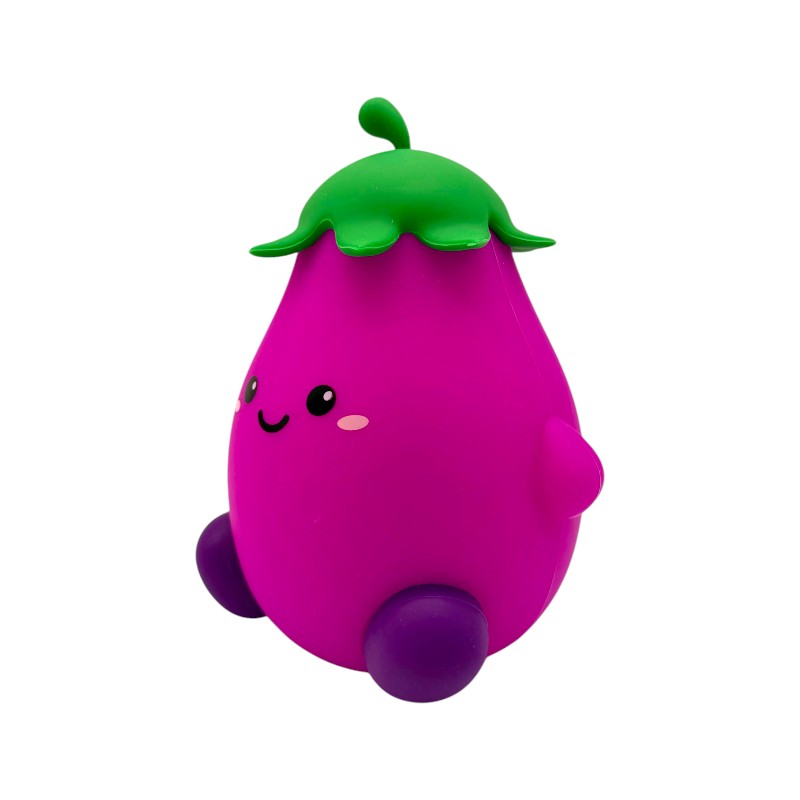 Lampada notturna melanzana I-Total Fresh Market — silicone soft-touch viola, LED multicolore, timer 30/60 min, USB-C. Regalo originale per bambini.