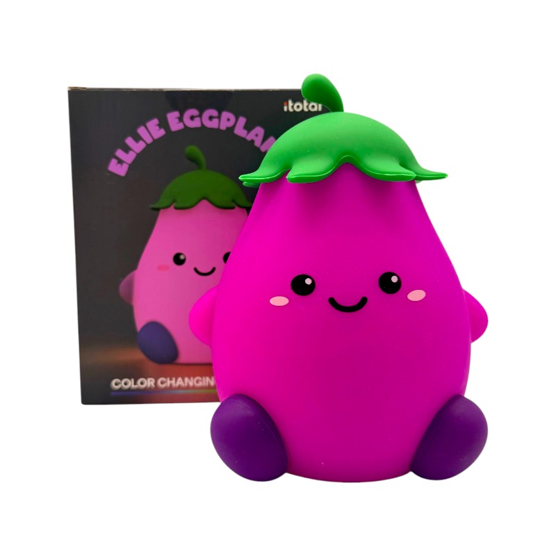 Lampada notturna melanzana I-Total Fresh Market — silicone soft-touch viola, LED multicolore, timer 30/60 min, USB-C. Regalo originale per bambini.