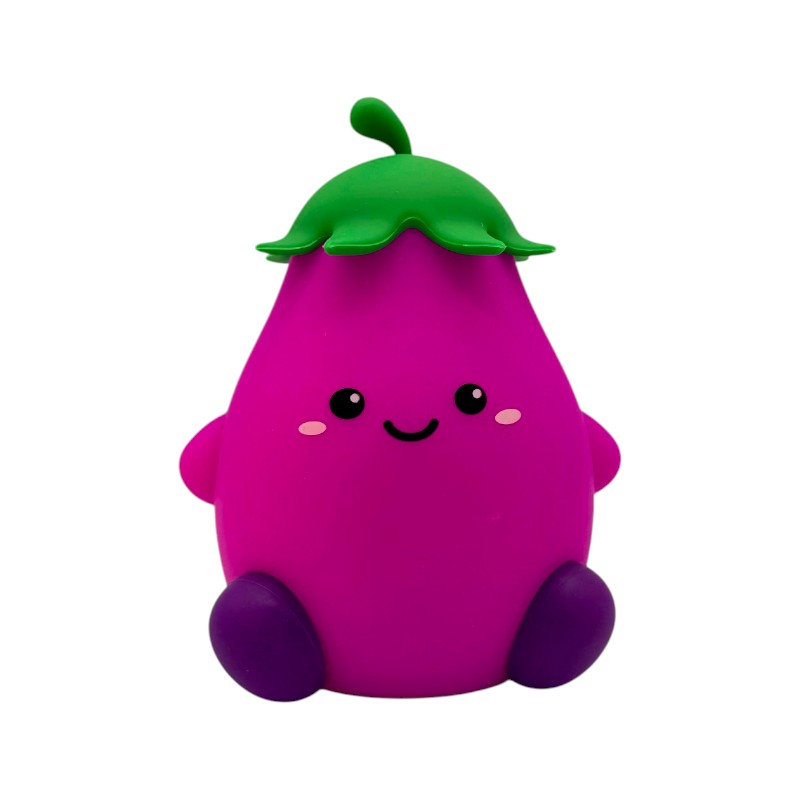 Lampada notturna melanzana I-Total Fresh Market — silicone soft-touch viola, LED multicolore, timer 30/60 min, USB-C. Regalo originale per bambini.