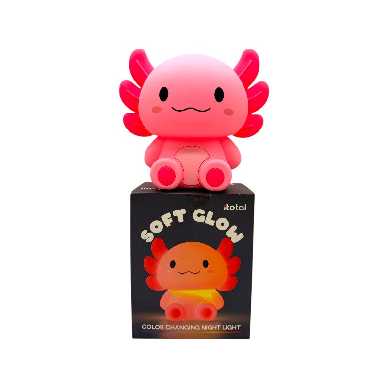 Lampada notturna axolotl I-Total Soft Glow — silicone soft-touch rosa, LED color changing, timer 30/60 min, USB-C. Regalo virale per bambini e adulti.