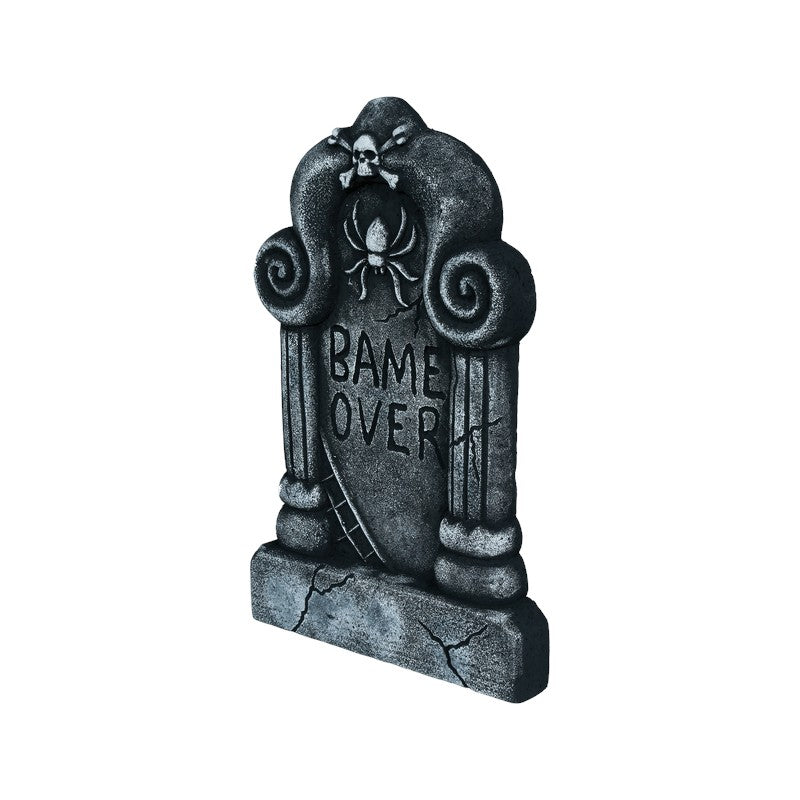 Lapide decorativa di Halloween Game Over con teschio, ragno ed effetto pietra: decorazione horror per giardino e feste a tema. Su Viano Shop!