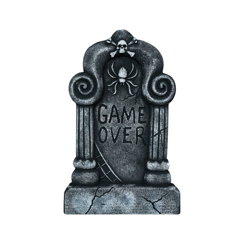 Lapide decorativa di Halloween Game Over con teschio, ragno ed effetto pietra: decorazione horror per giardino e feste a tema. Su Viano Shop!