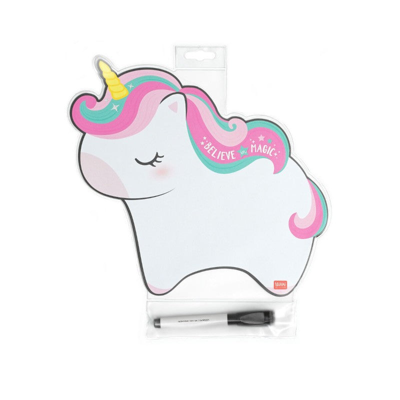 Lavagnetta magnetica Legami Unicorno Believe In Magic con pennarello incluso: superficie cancellabile, design kawaii per il frigo. Scoprila! 