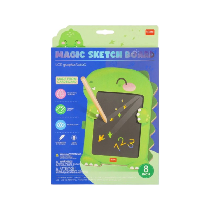 Lavagna magica Legami Dinosauro: tavoletta LCD 8 pollici con penna, tratto arcobaleno e tasto cancella, senza luce blu. Scoprila su Viano Shop!