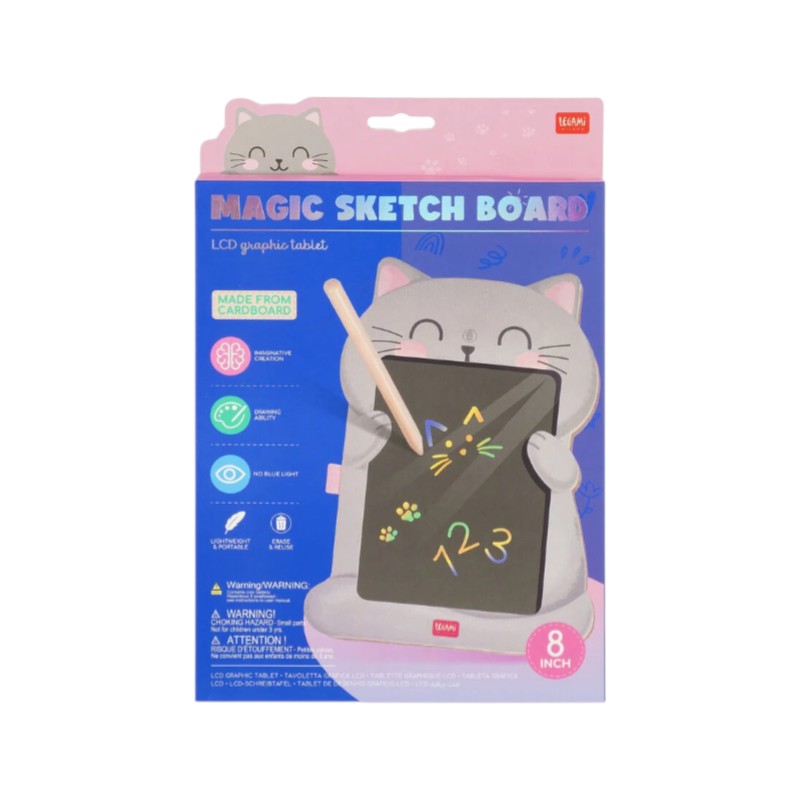 Lavagna magica Legami Gatto: tavoletta LCD 8 pollici con penna, tratto arcobaleno e tasto cancella, senza luce blu. Scoprila su Viano Shop!
