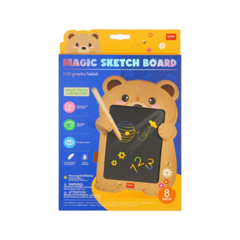 Lavagna magica Legami Orso: tavoletta LCD 8 pollici con penna, tratto arcobaleno e tasto cancella, senza luce blu. Scoprila su Viano Shop!