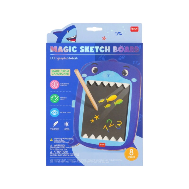 Lavagna magica Legami Squalo: tavoletta LCD 8 pollici con penna, tratto arcobaleno e tasto cancella, senza luce blu. Scoprila su Viano Shop!
