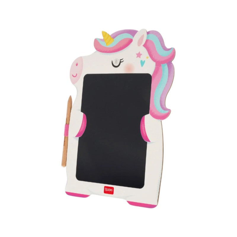Lavagna magica Legami Unicorno: tavoletta LCD 8 pollici con penna, tratto arcobaleno e tasto cancella, senza luce blu. Scoprila su Viano Shop!