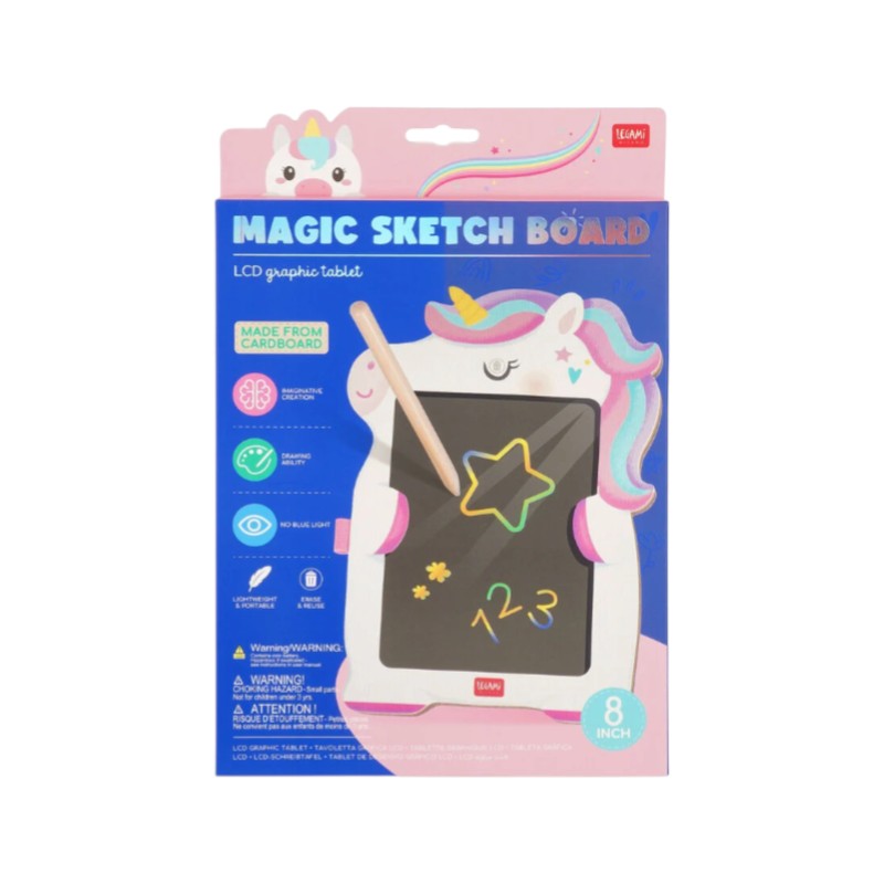 Lavagna magica Legami Unicorno: tavoletta LCD 8 pollici con penna, tratto arcobaleno e tasto cancella, senza luce blu. Scoprila su Viano Shop!