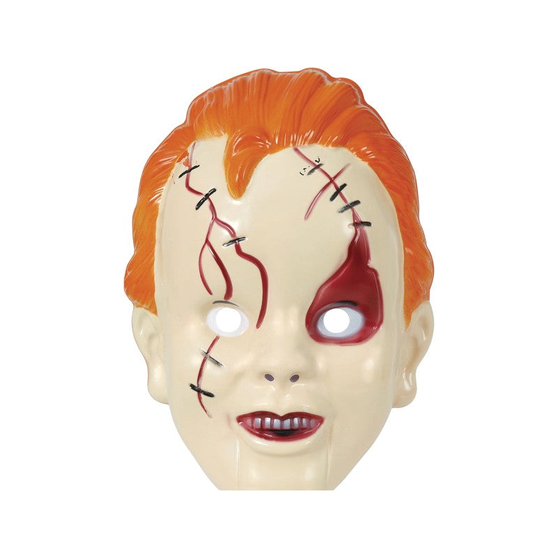Maschera di Halloween bambola diabolica con capelli rossi e cicatrici cucite: travestimento horror per feste e Carnevale. Su Viano Shop!