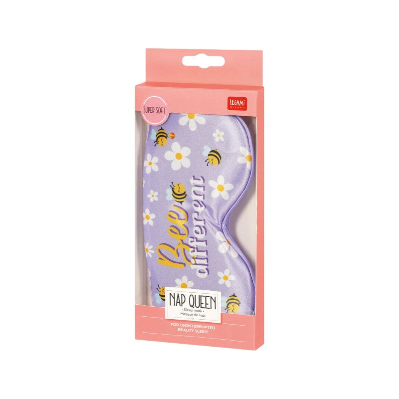 Mascherina per dormire Legami Bee Different Nap Queen lilla super morbida con api e margherite: per un sonno di bellezza. Su Viano Shop!