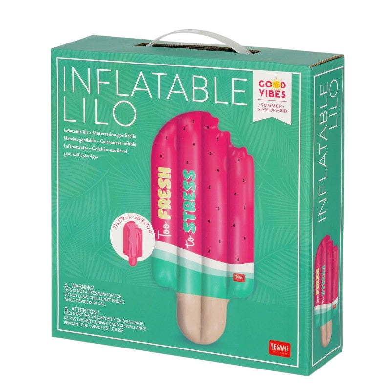 Materassino gonfiabile Legami anguria gelato stecco: PVC resistente, max 90kg, toppa inclusa. Design Too Fresh to Stress. Il float più iconico dell'estate!
