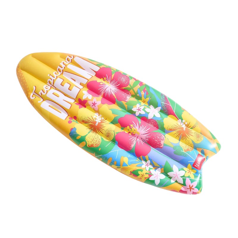 Materassino gonfiabile Legami Tropicana Dream 70x173cm: forma surf, PVC resistente, max 90kg, toppa inclusa. Design floreale tropicale. Per piscina e mare!
