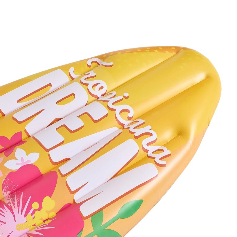Materassino gonfiabile Legami Tropicana Dream 70x173cm: forma surf, PVC resistente, max 90kg, toppa inclusa. Design floreale tropicale. Per piscina e mare!
