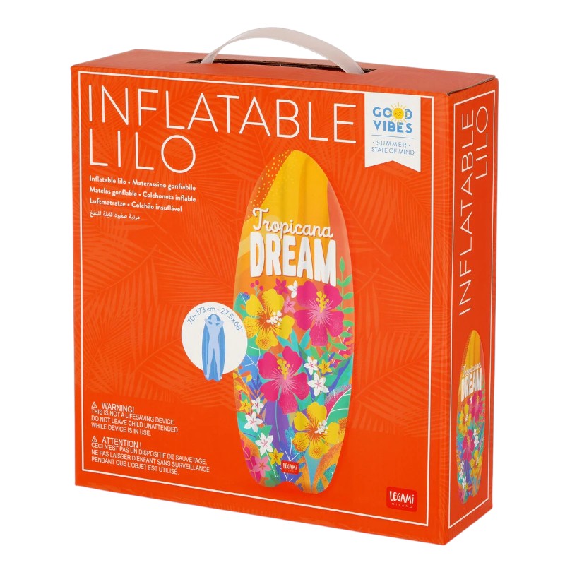 Materassino gonfiabile Legami Tropicana Dream 70x173cm: forma surf, PVC resistente, max 90kg, toppa inclusa. Design floreale tropicale. Per piscina e mare!
