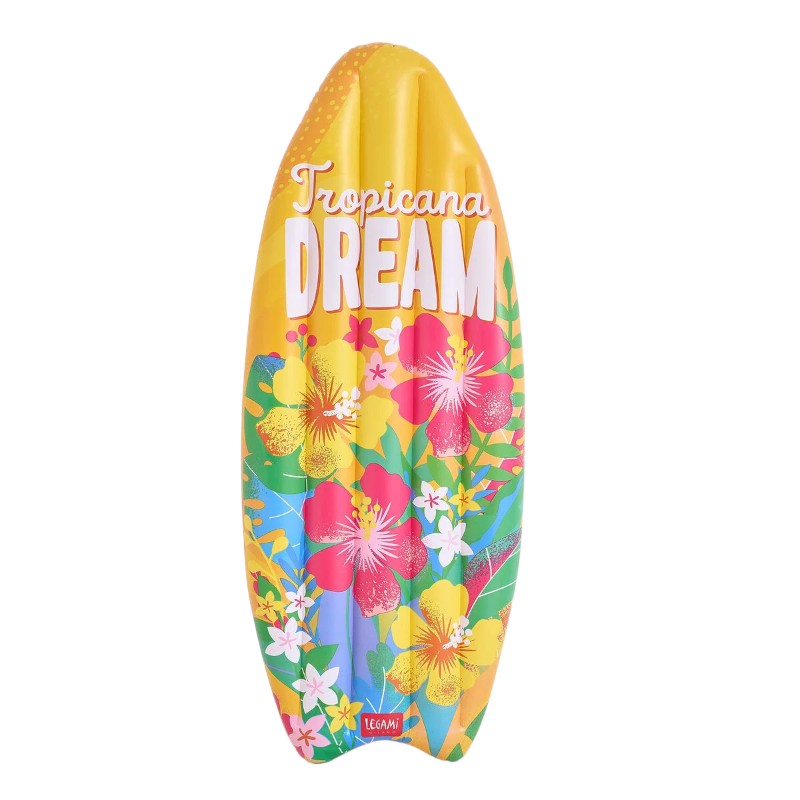 Materassino gonfiabile Legami Tropicana Dream 70x173cm: forma surf, PVC resistente, max 90kg, toppa inclusa. Design floreale tropicale. Per piscina e mare!
