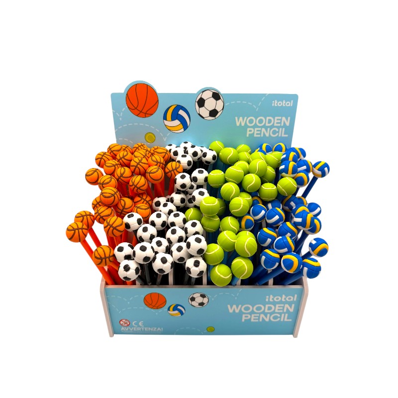 Matite HB sport I-Total — legno con topper pallone 3D, varianti calcio, basket, tennis, pallavolo. Regalo originale per bambini sportivi.
