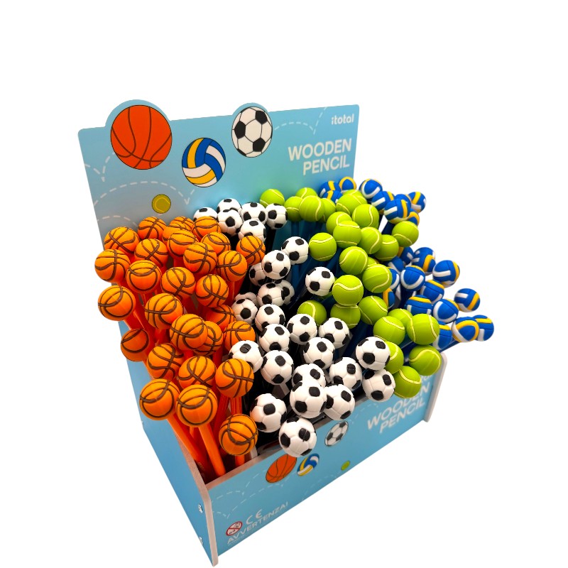Matite HB sport I-Total — legno con topper pallone 3D, varianti calcio, basket, tennis, pallavolo. Regalo originale per bambini sportivi.