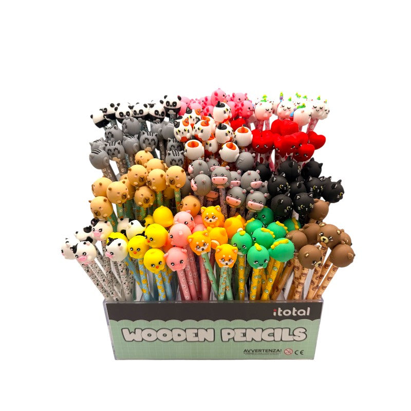 Matite HB animali I-Total — legno decorato con topper animaletto kawaii 3D, tanti soggetti da collezionare. Regalo originale per bambini.