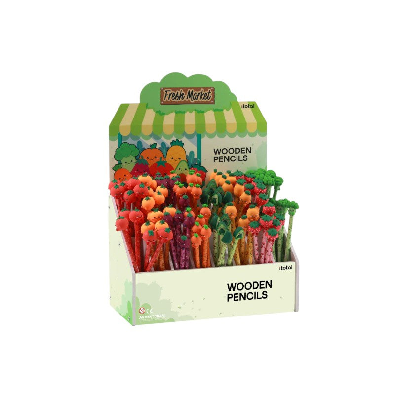 Matite HB kawaii I-Total Fresh Market: fusto glitter e topper 3D frutta e verdura. Da collezione, perfette per scuola e regalo originale per bambini!
