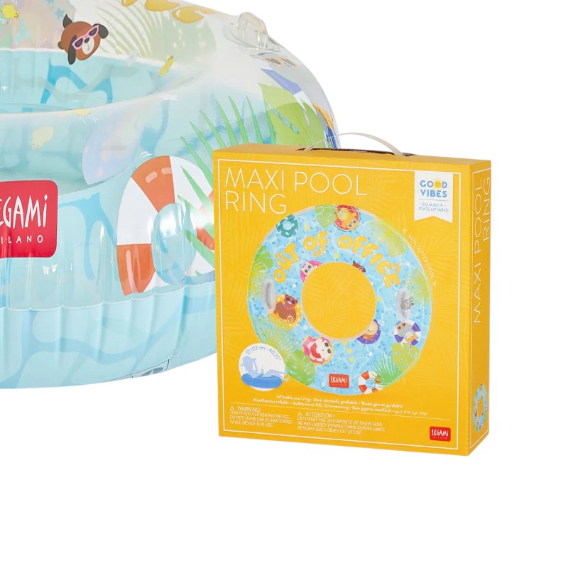 Maxi ciambella gonfiabile Legami Out of Office 102cm: PVC con glitter, maniglie resistenti, max 80kg, toppa inclusa. Design kawaii. La star di ogni piscina!

