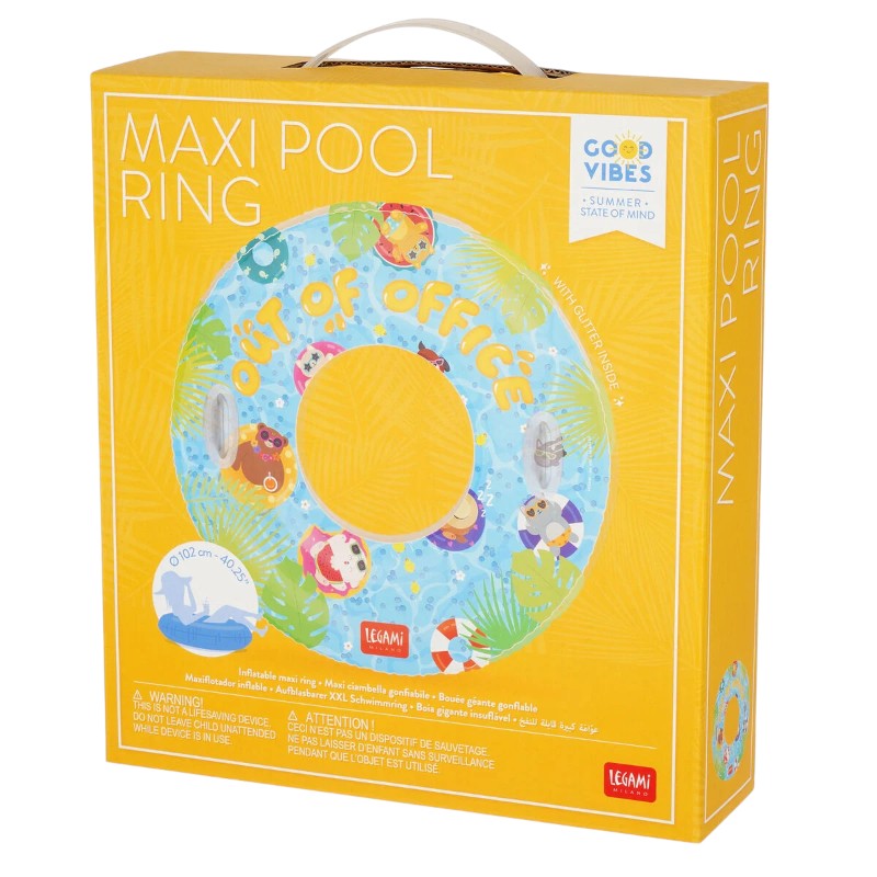 Maxi ciambella gonfiabile Legami Out of Office 102cm: PVC con glitter, maniglie resistenti, max 80kg, toppa inclusa. Design kawaii. La star di ogni piscina!

