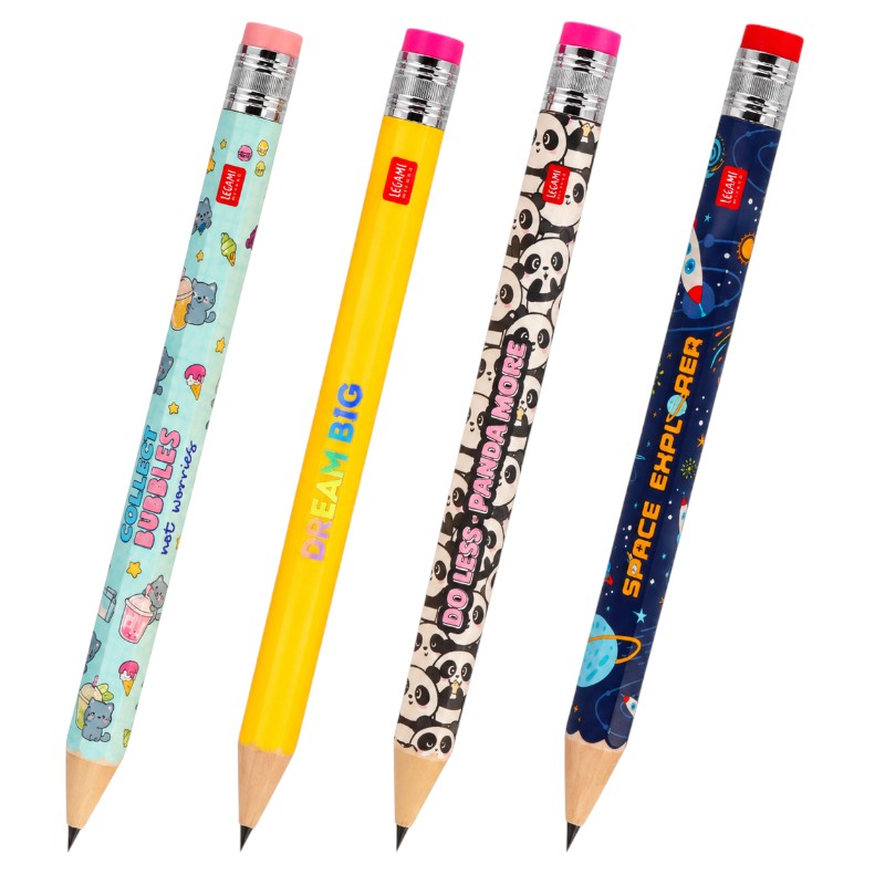 Matita Legami con gomma e fantasie kawaii: Collect Bubbles, Dream Big, Panda e Space Explorer per scuola e disegno. Su Viano Shop!