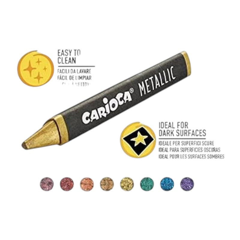 8 pastelli a cera metallici Carioca: colori coprenti e brillanti, ideali per superfici scure e carta nera. Facili da pulire. Perfetti per bambini e creativi!