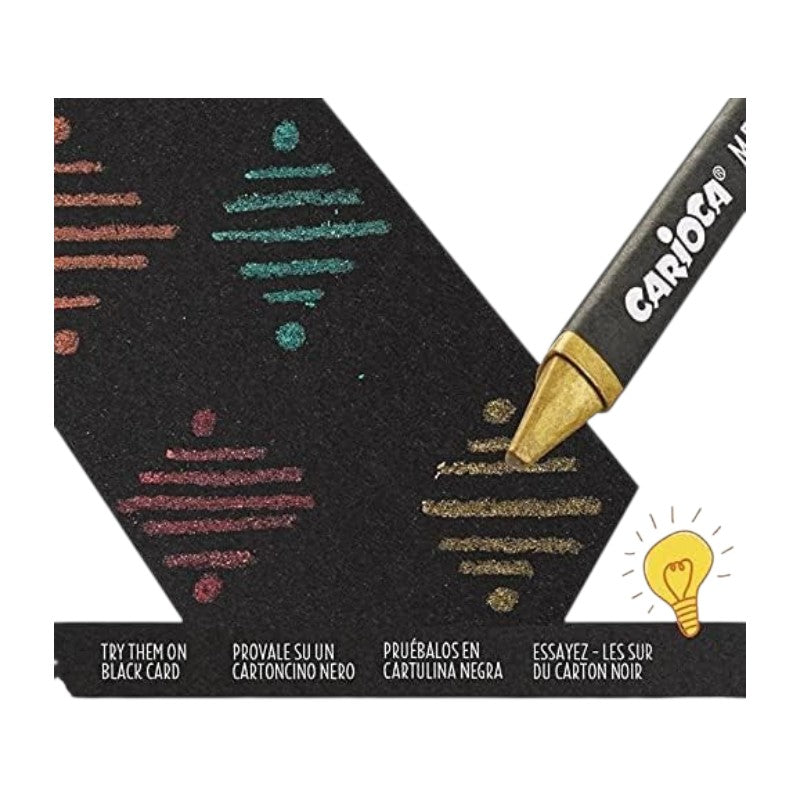 8 pastelli a cera metallici Carioca: colori coprenti e brillanti, ideali per superfici scure e carta nera. Facili da pulire. Perfetti per bambini e creativi!