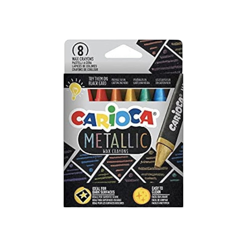 8 pastelli a cera metallici Carioca: colori coprenti e brillanti, ideali per superfici scure e carta nera. Facili da pulire. Perfetti per bambini e creativi!