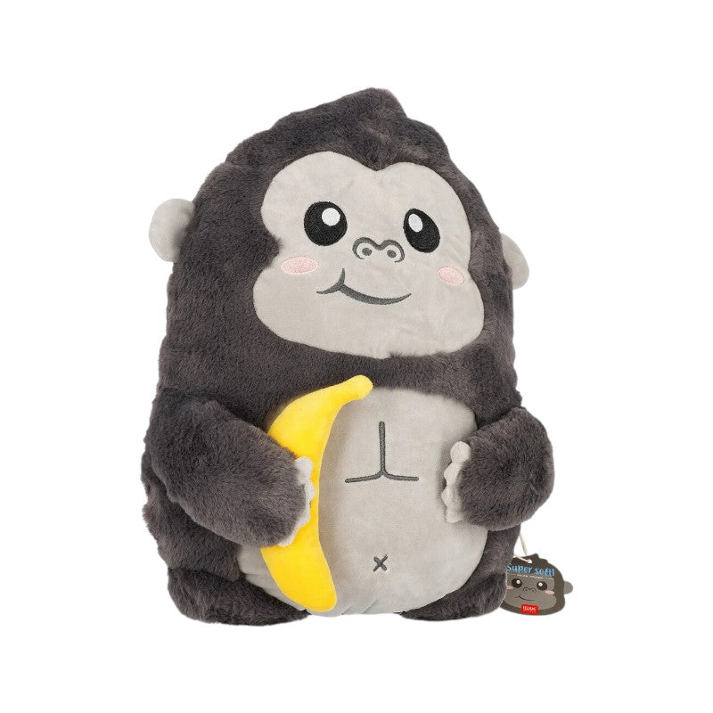 Maxi peluche gorilla Legami Super Soft — pelo ultra-soffice, faccina kawaii ricamata, bananina gialla. Regalo morbidissimo per bambini e adulti.
