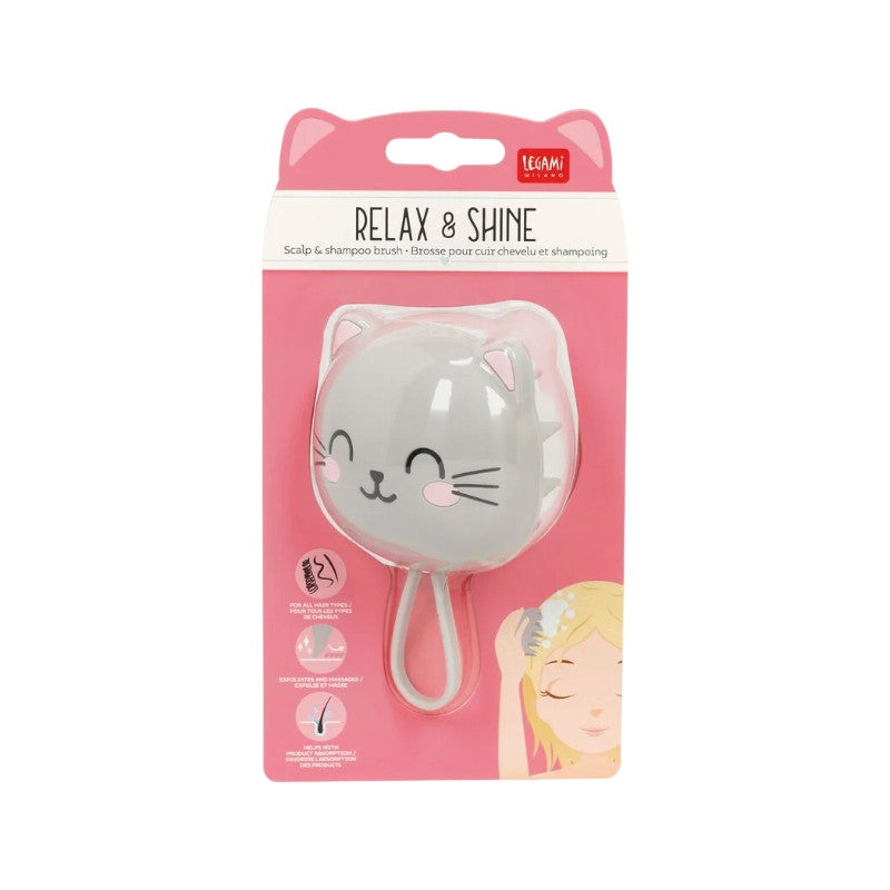 Spazzola massaggiante per shampoo Legami Gatto Relax & Shine: massaggia ed esfolia il cuoio capelluto, per tutti i capelli. Su Viano Shop!