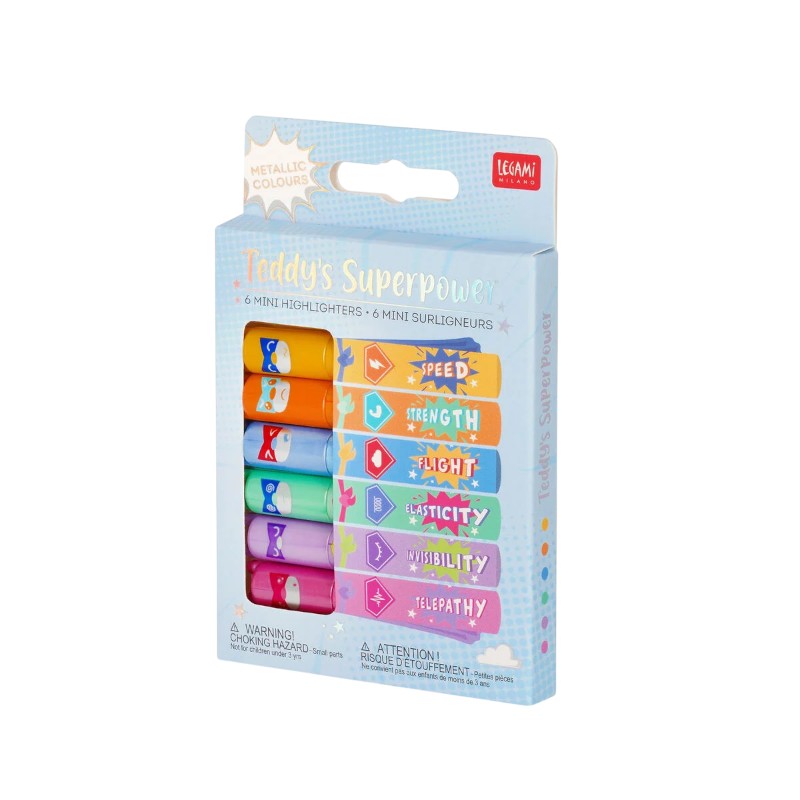Mini evidenziatori Legami Teddy's Superpower — set 6 pz colori metallici, orsetto supereroe kawaii. Regalo originale per chi studia con stile.
