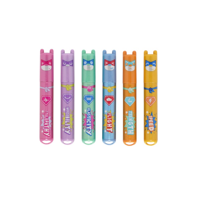 Mini evidenziatori Legami Teddy's Superpower — set 6 pz colori metallici, orsetto supereroe kawaii. Regalo originale per chi studia con stile.