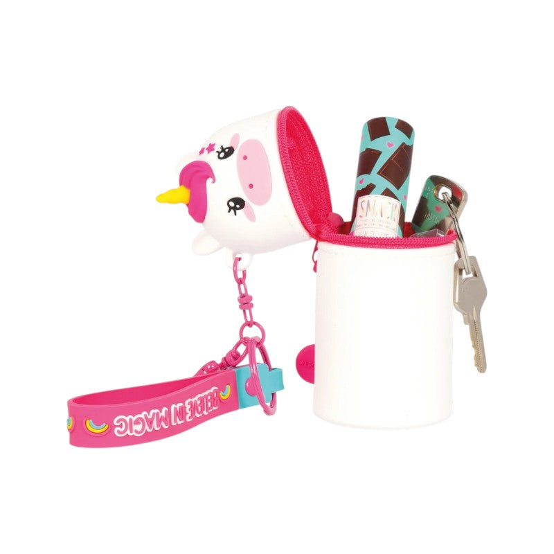Mini astuccio portapenne kawaii a forma di unicorno con portachiavi da zaino