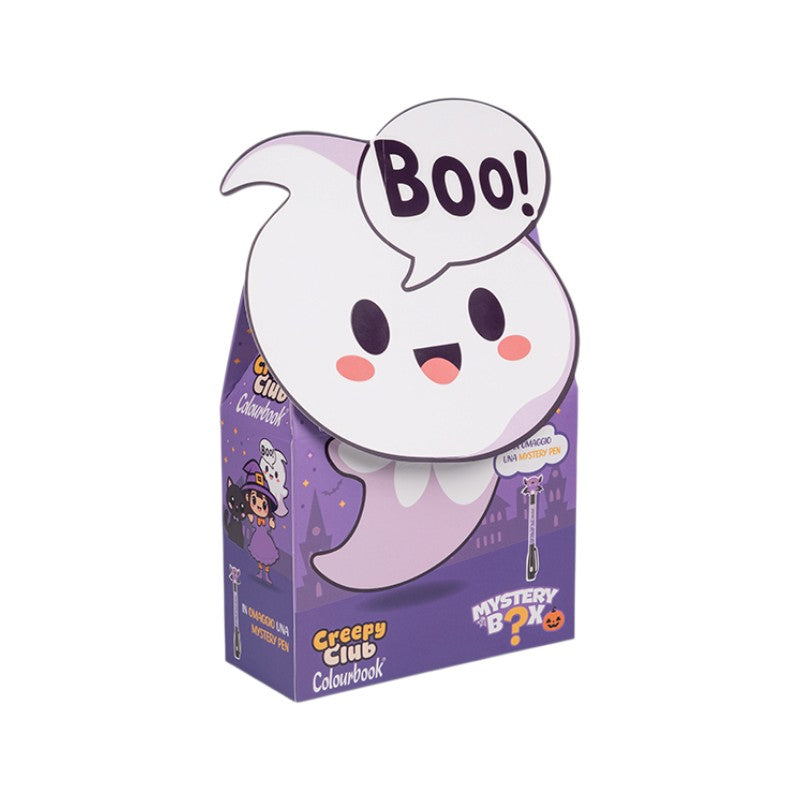 Mystery Box Colourbook Creepy Club Halloween: sorprese di cancelleria e Mystery Pen in omaggio in ogni scatola. Fantasma, gatto e strega su Viano Shop!