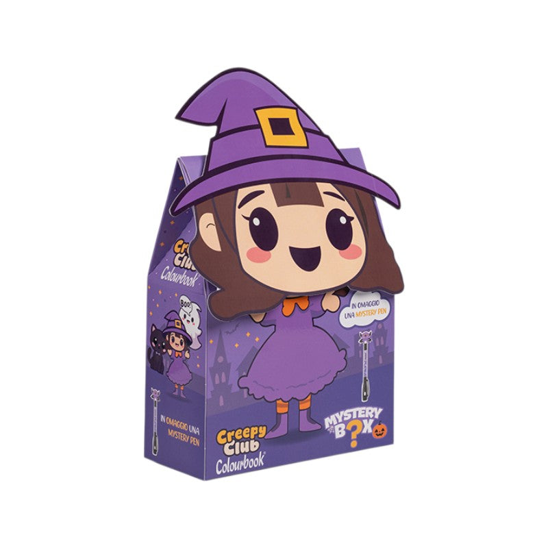 Mystery Box Colourbook Creepy Club Halloween: sorprese di cancelleria e Mystery Pen in omaggio in ogni scatola. Fantasma, gatto e strega su Viano Shop!