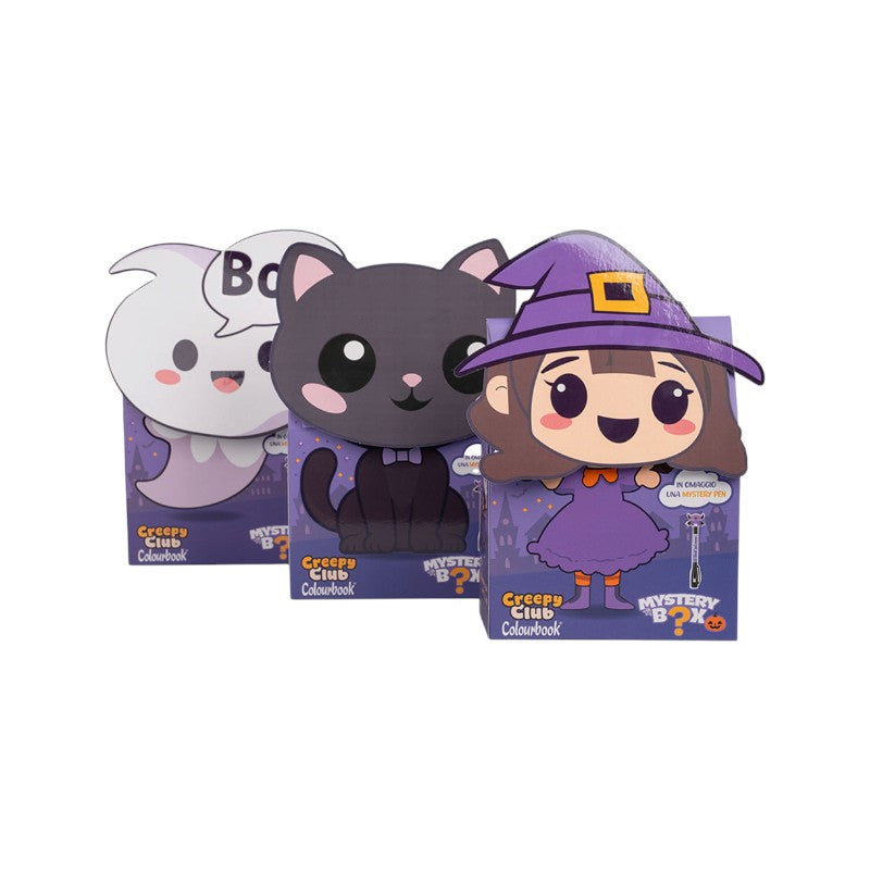 Mystery Box Colourbook Creepy Club Halloween: sorprese di cancelleria e Mystery Pen in omaggio in ogni scatola. Fantasma, gatto e strega su Viano Shop!