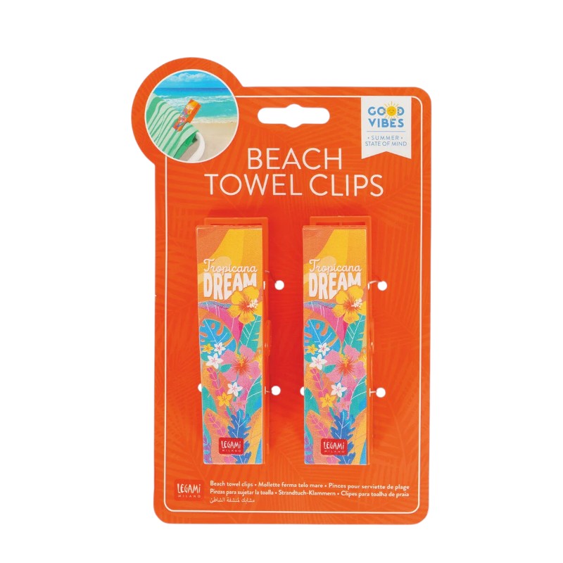 Mollette ferma telo mare Legami Tropicana Dream: set 2 clip in plastica, design floreale tropicale coordinato. Pratiche per sdraio e lettino. Scoprile!
